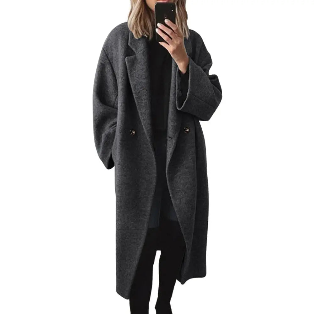 Women's Long Double‑Breasted Wool Winter Coat, Warm Minimalist Outerwear