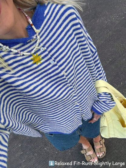 Striped Loose Knit Cardigan, Long‑Sleeve Sweater for Fall & Winter