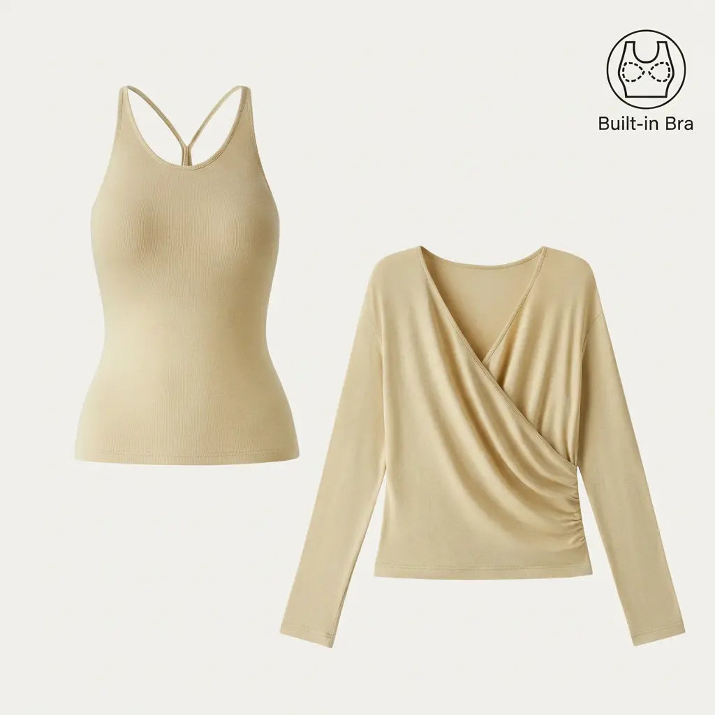 2‑Piece Surplice Ruched Cami Set, Built‑in Bra with Long‑Sleeve Top