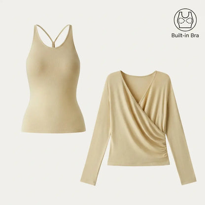 2‑Piece Surplice Ruched Cami Set, Built‑in Bra with Long‑Sleeve Top