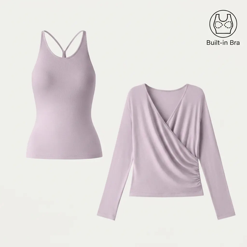 2‑Piece Surplice Ruched Cami Set, Built‑in Bra with Long‑Sleeve Top