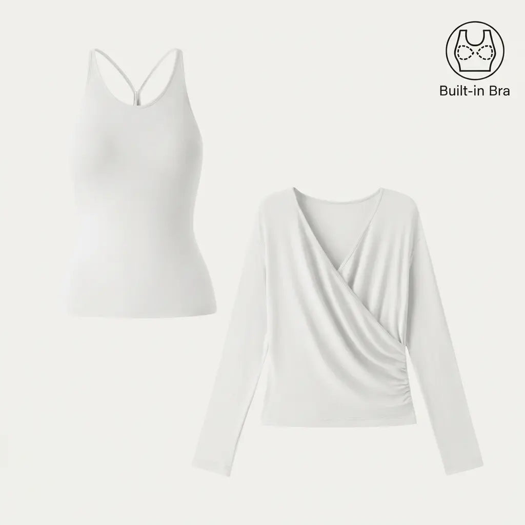 2‑Piece Surplice Ruched Cami Set, Built‑in Bra with Long‑Sleeve Top