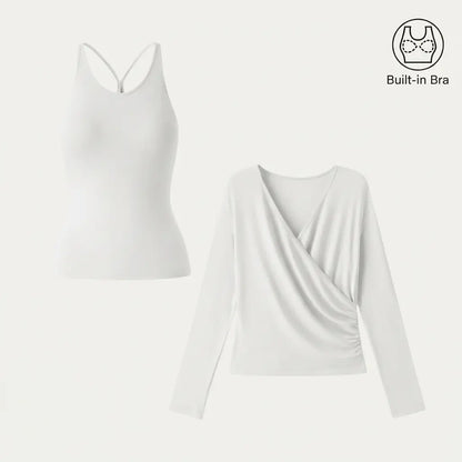 2‑Piece Surplice Ruched Cami Set, Built‑in Bra with Long‑Sleeve Top