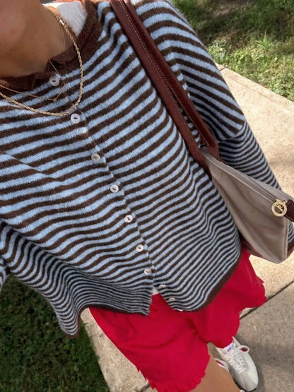 Striped Loose Knit Cardigan, Long‑Sleeve Sweater for Fall & Winter