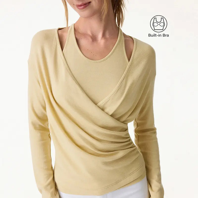 2‑Piece Surplice Ruched Cami Set, Built‑in Bra with Long‑Sleeve Top