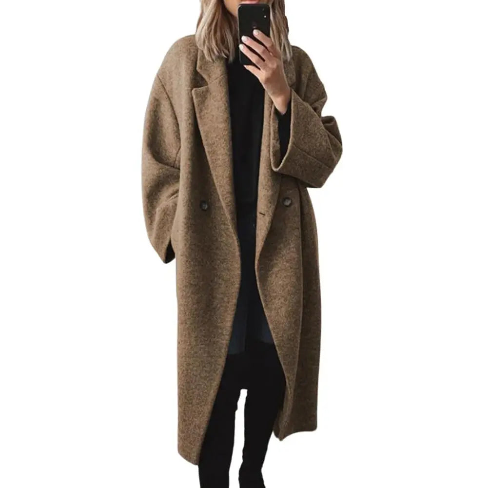 Women's Long Double‑Breasted Wool Winter Coat, Warm Minimalist Outerwear