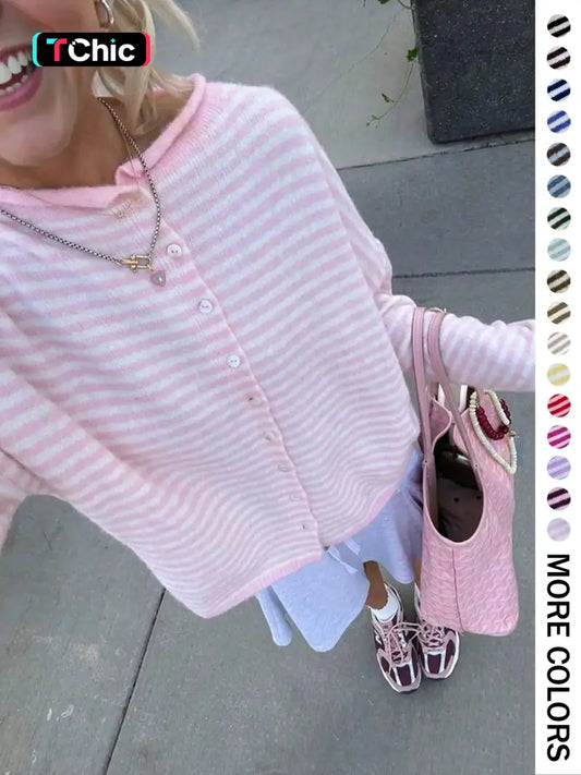 Striped Loose Knit Cardigan, Long‑Sleeve Sweater for Fall & Winter