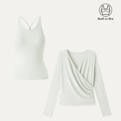 2‑Piece Surplice Ruched Cami Set, Built‑in Bra with Long‑Sleeve Top