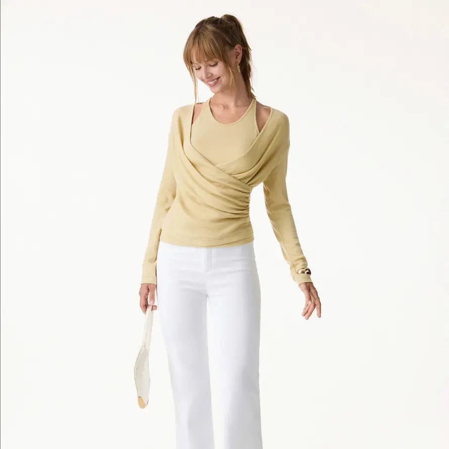 2‑Piece Surplice Ruched Cami Set, Built‑in Bra with Long‑Sleeve Top