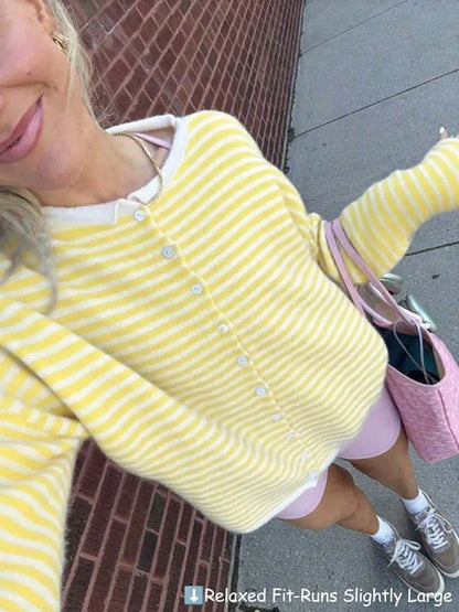 Striped Loose Knit Cardigan, Long‑Sleeve Sweater for Fall & Winter
