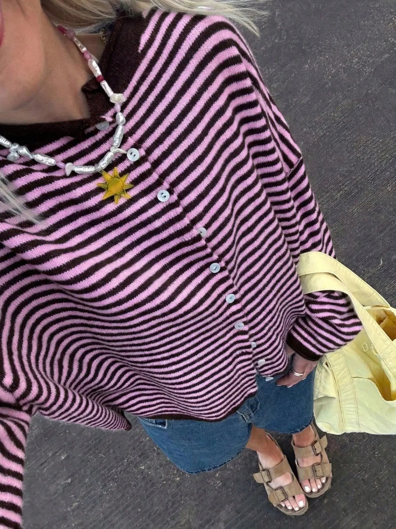 Striped Loose Knit Cardigan, Long‑Sleeve Sweater for Fall & Winter