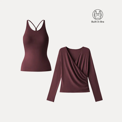 2‑Piece Surplice Ruched Cami Set, Built‑in Bra with Long‑Sleeve Top