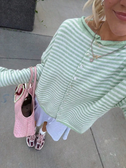 Striped Loose Knit Cardigan, Long‑Sleeve Sweater for Fall & Winter