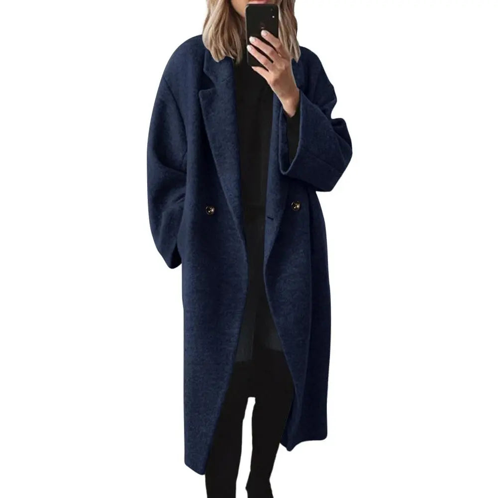 Women's Long Double‑Breasted Wool Winter Coat, Warm Minimalist Outerwear
