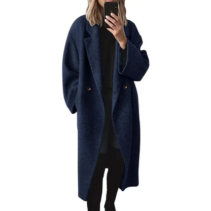 Women's Long Double‑Breasted Wool Winter Coat, Warm Minimalist Outerwear