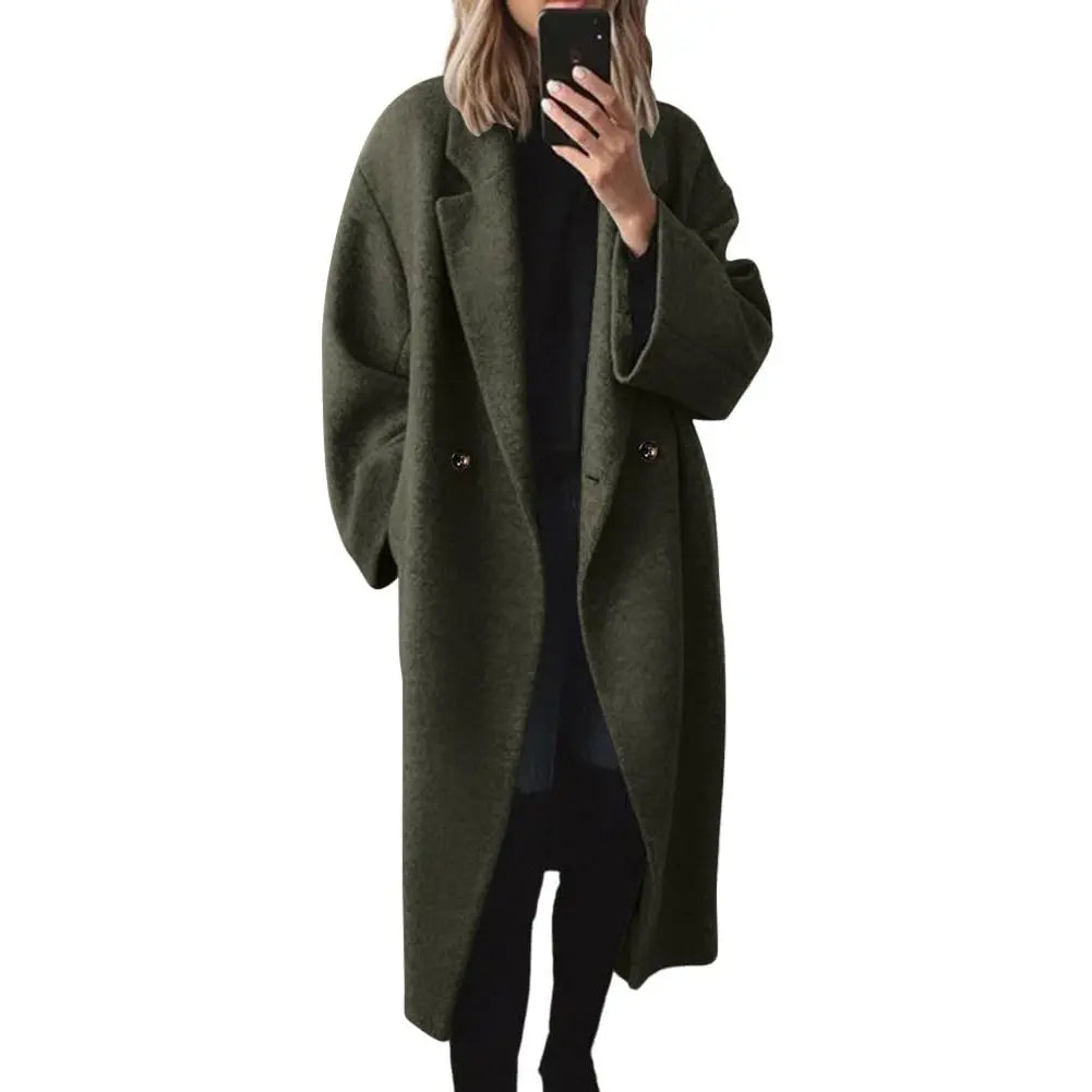 Women's Long Double‑Breasted Wool Winter Coat, Warm Minimalist Outerwear