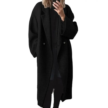 Women's Long Double‑Breasted Wool Winter Coat, Warm Minimalist Outerwear