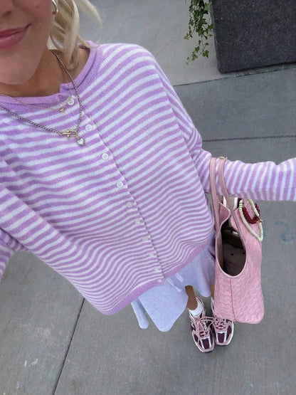 Striped Loose Knit Cardigan, Long‑Sleeve Sweater for Fall & Winter