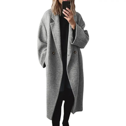 Women's Long Double‑Breasted Wool Winter Coat, Warm Minimalist Outerwear