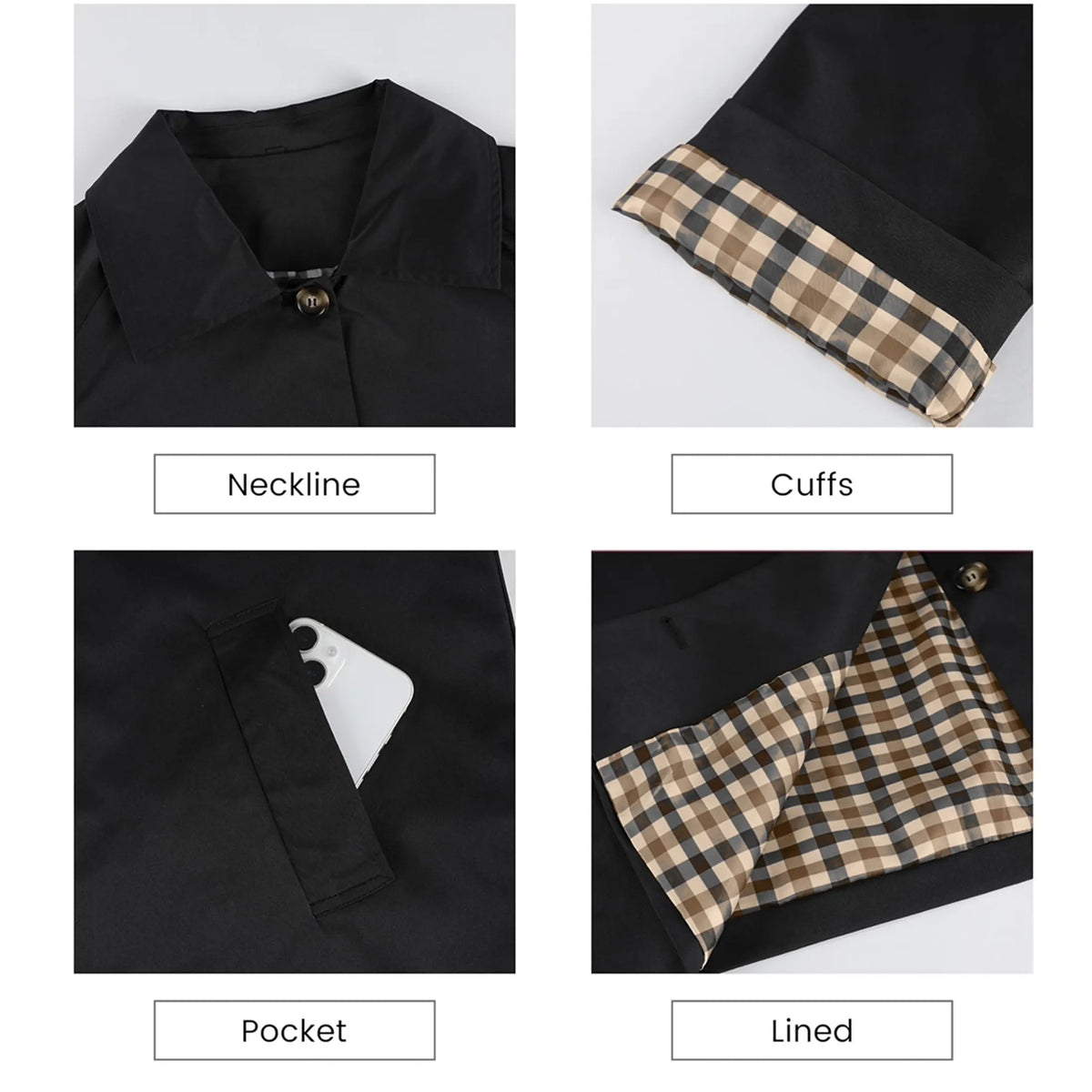 Timeless lapel collar brings the classic trench‑coat aesthetic for casual‑chic daily styling.