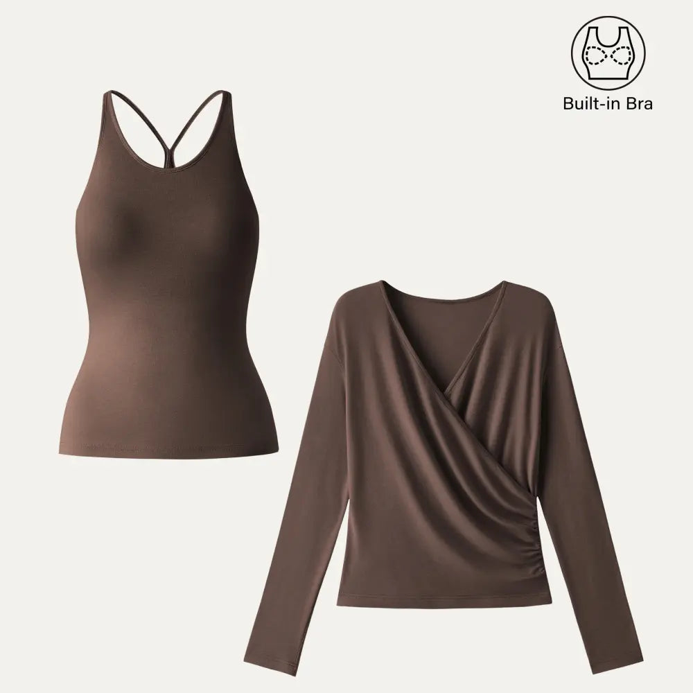 2‑Piece Surplice Ruched Cami Set, Built‑in Bra with Long‑Sleeve Top