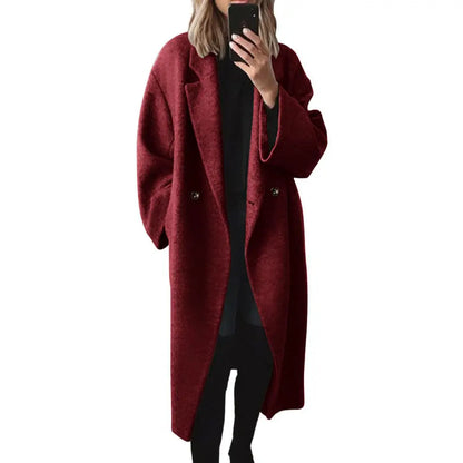 Women's Long Double‑Breasted Wool Winter Coat, Warm Minimalist Outerwear