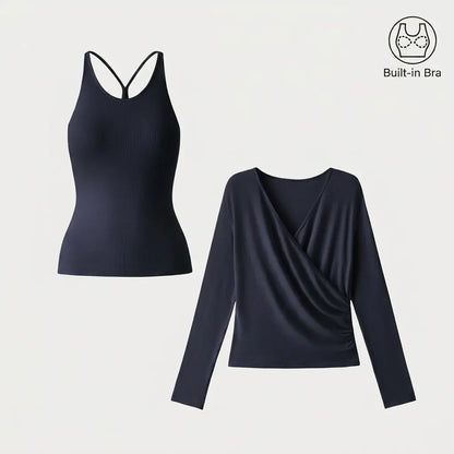 2‑Piece Surplice Ruched Cami Set, Built‑in Bra with Long‑Sleeve Top