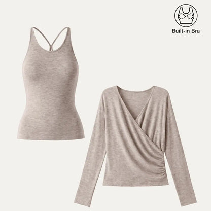 2‑Piece Surplice Ruched Cami Set, Built‑in Bra with Long‑Sleeve Top