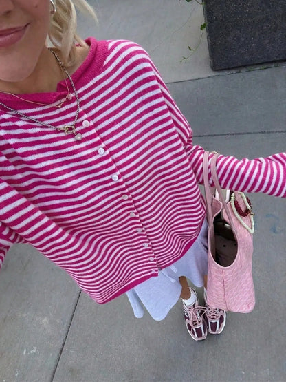 Striped Loose Knit Cardigan, Long‑Sleeve Sweater for Fall & Winter