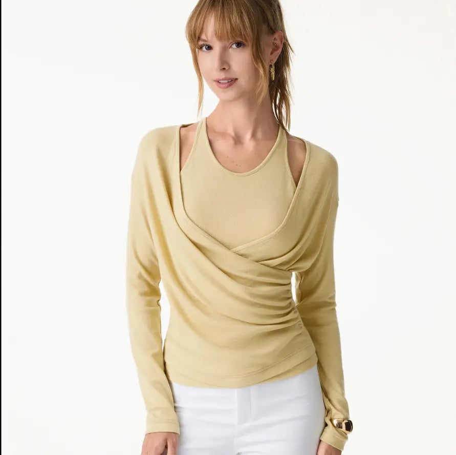 2‑Piece Surplice Ruched Cami Set, Built‑in Bra with Long‑Sleeve Top