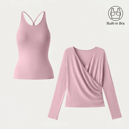 2‑Piece Surplice Ruched Cami Set, Built‑in Bra with Long‑Sleeve Top