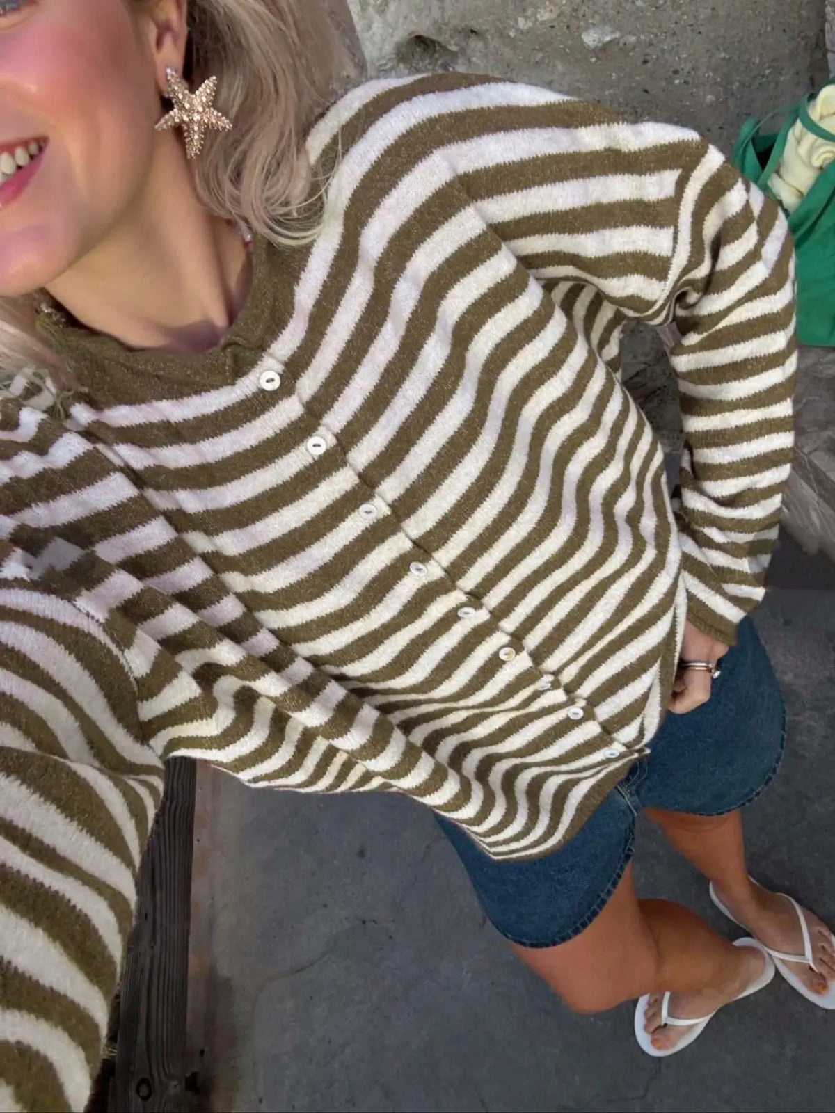 Striped Loose Knit Cardigan, Long‑Sleeve Sweater for Fall & Winter