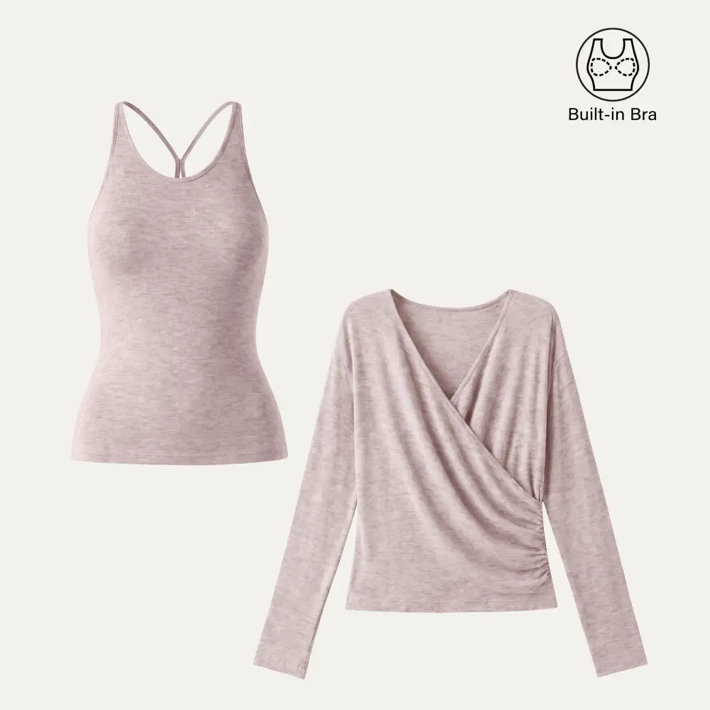 2‑Piece Surplice Ruched Cami Set, Built‑in Bra with Long‑Sleeve Top